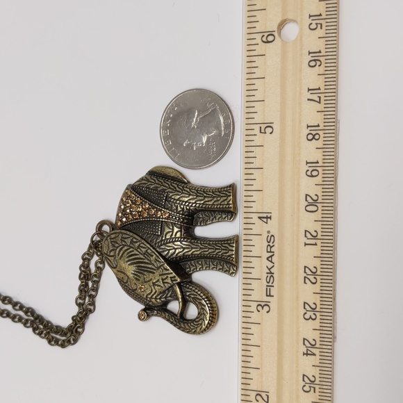 Elephant Pendant Necklace Long Brass Tone Rhinestones - Picture 7 of 9